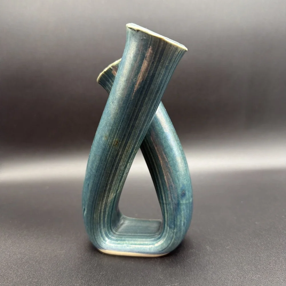 Vintage Handmade Signed Studio Art Pottery Double Bud Vase Blue Glaze Ikebana